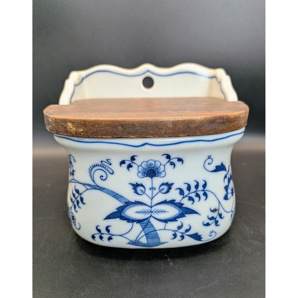 Mid Century Vintage "Blue Danube" Porcelain Wall Mount Onion Salt Box